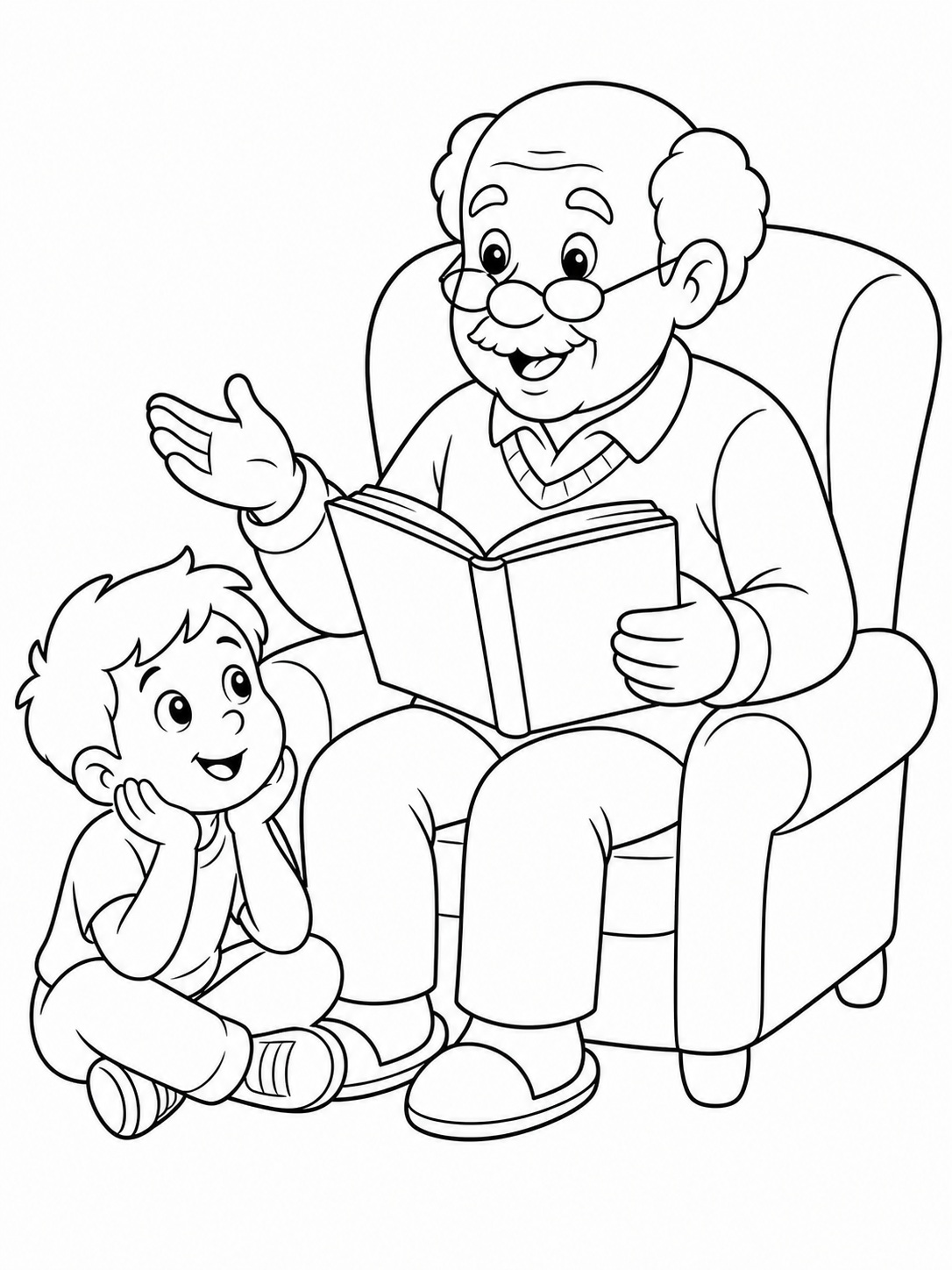 A grandparent telling a story to a child coloring page Printable kids coloring page with a grandparent telling a story to a child in bold black-and-white line art. | Sky Rye Design Printable kids coloring page with a grandparent telling a story to a child in bold black-and-white line art.