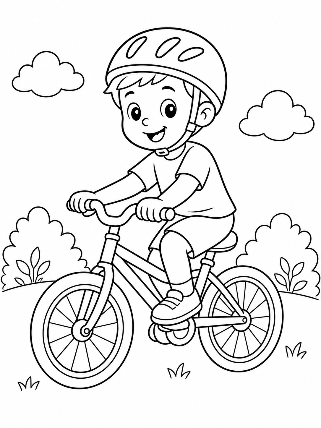 A child riding a bicycle with a helmet coloring page Printable kids coloring page with a child riding a bicycle with a helmet in bold black-and-white line art. | Sky Rye Design Printable kids coloring page with a child riding a bicycle with a helmet in bold black-and-white line art.