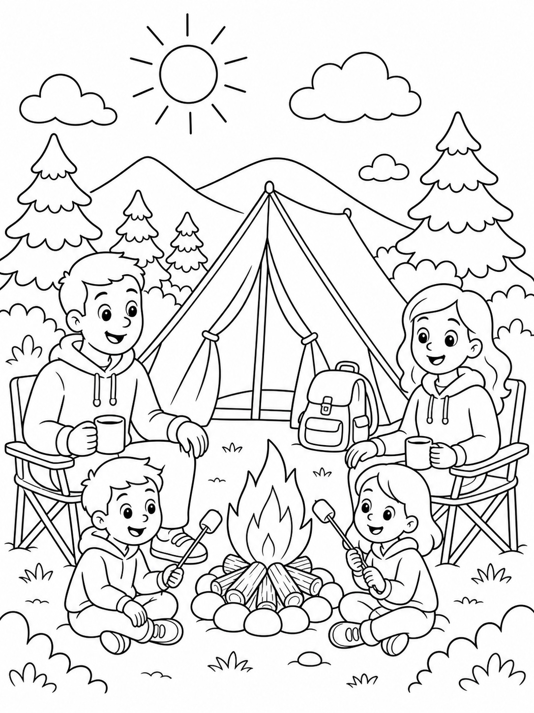 A family camping trip with a tent coloring page Printable kids coloring page with a family camping trip with a tent in bold black-and-white line art. | Sky Rye Design Printable kids coloring page with a family camping trip with a tent in bold black-and-white line art.