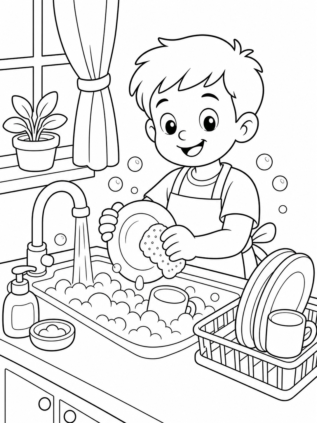A child helping wash dishes in the kitchen coloring page Printable kids coloring page with a child helping wash dishes in the kitchen in bold black-and-white line art. | Sky Rye Design Printable kids coloring page with a child helping wash dishes in the kitchen in bold black-and-white line art.