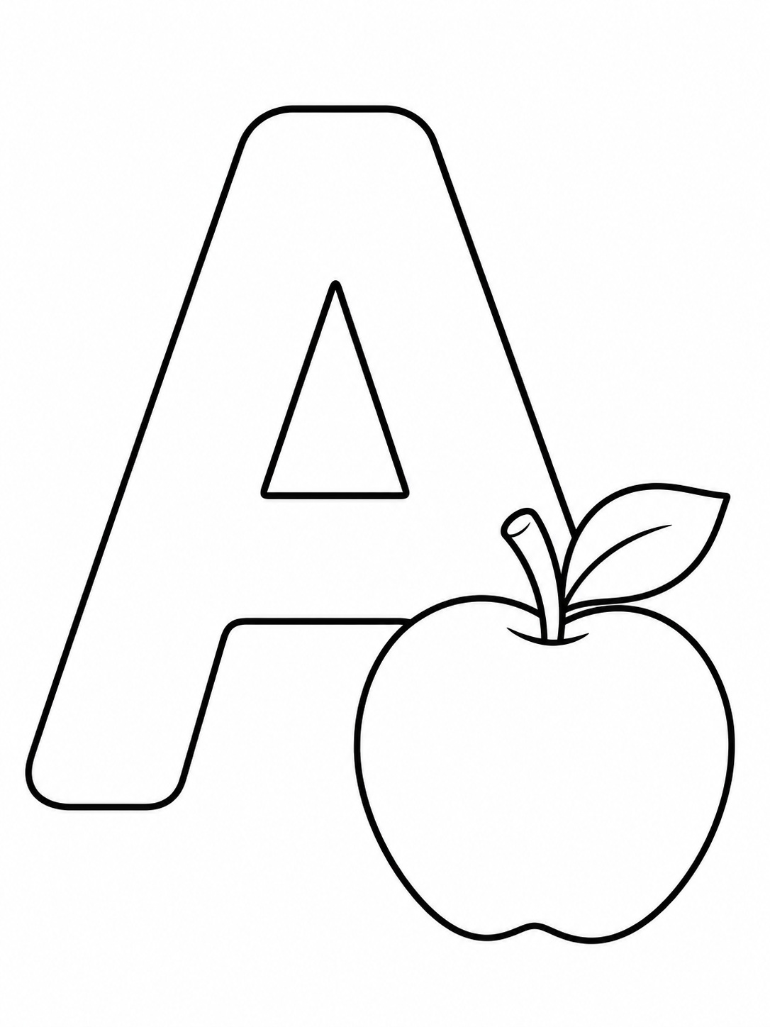 The letter A with an apple illustration coloring page Printable kids coloring page with the letter a with an apple illustration in bold black-and-white line art. | Sky Rye Design Printable kids coloring page with the letter a with an apple illustration in bold black-and-white line art.