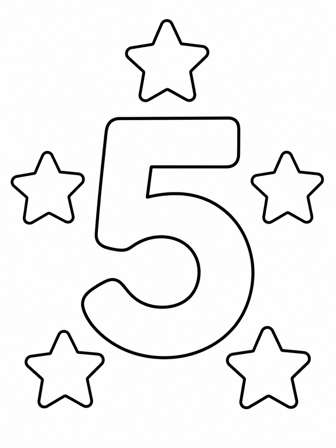 The number 5 with five simple stars coloring page Printable kids coloring page with the number 5 with five simple stars in bold black-and-white line art. | Sky Rye Design Printable kids coloring page with the number 5 with five simple stars in bold black-and-white line art.