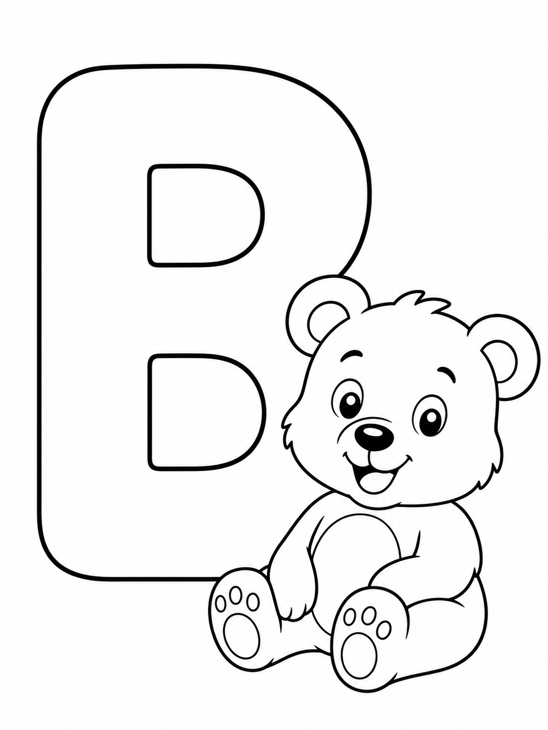 The letter B with a bear illustration coloring page Printable kids coloring page with the letter b with a bear illustration in bold black-and-white line art. | Sky Rye Design Printable kids coloring page with the letter b with a bear illustration in bold black-and-white line art.