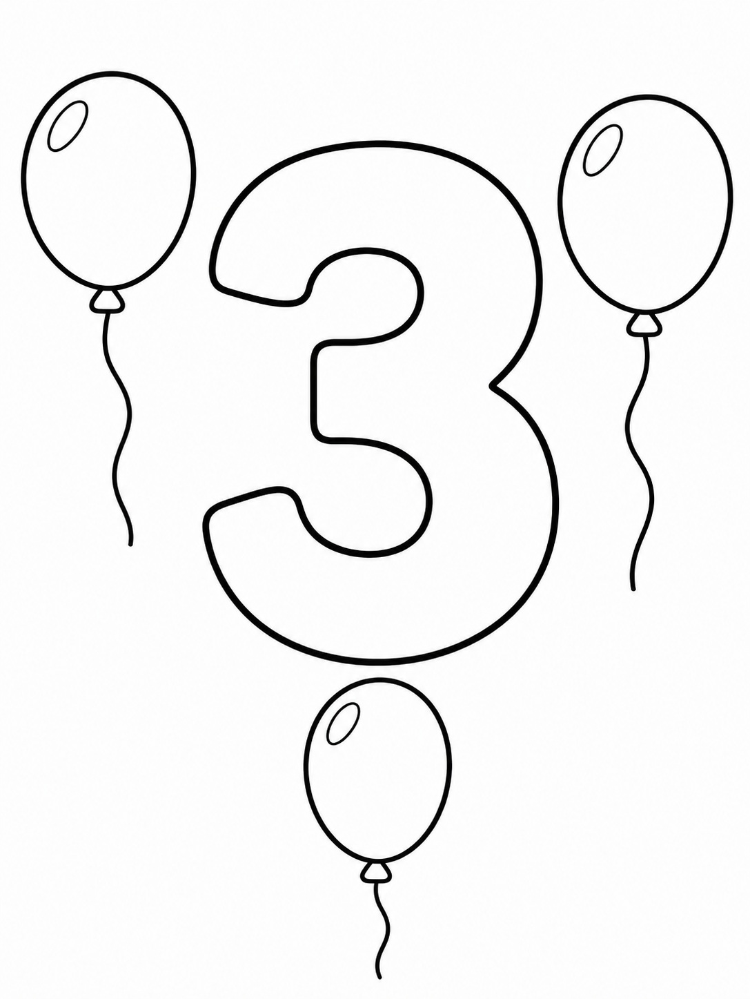 The number 3 with three balloons coloring page Three balloons surround a large, outlined question mark on a white background | Sky Rye Design Printable kids coloring page with the number 3 with three balloons in bold black-and-white line art.