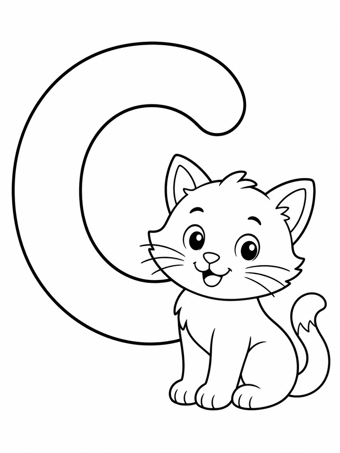 The letter C with a cat illustration coloring page Printable kids coloring page with the letter c with a cat illustration in bold black-and-white line art. | Sky Rye Design Printable kids coloring page with the letter c with a cat illustration in bold black-and-white line art.