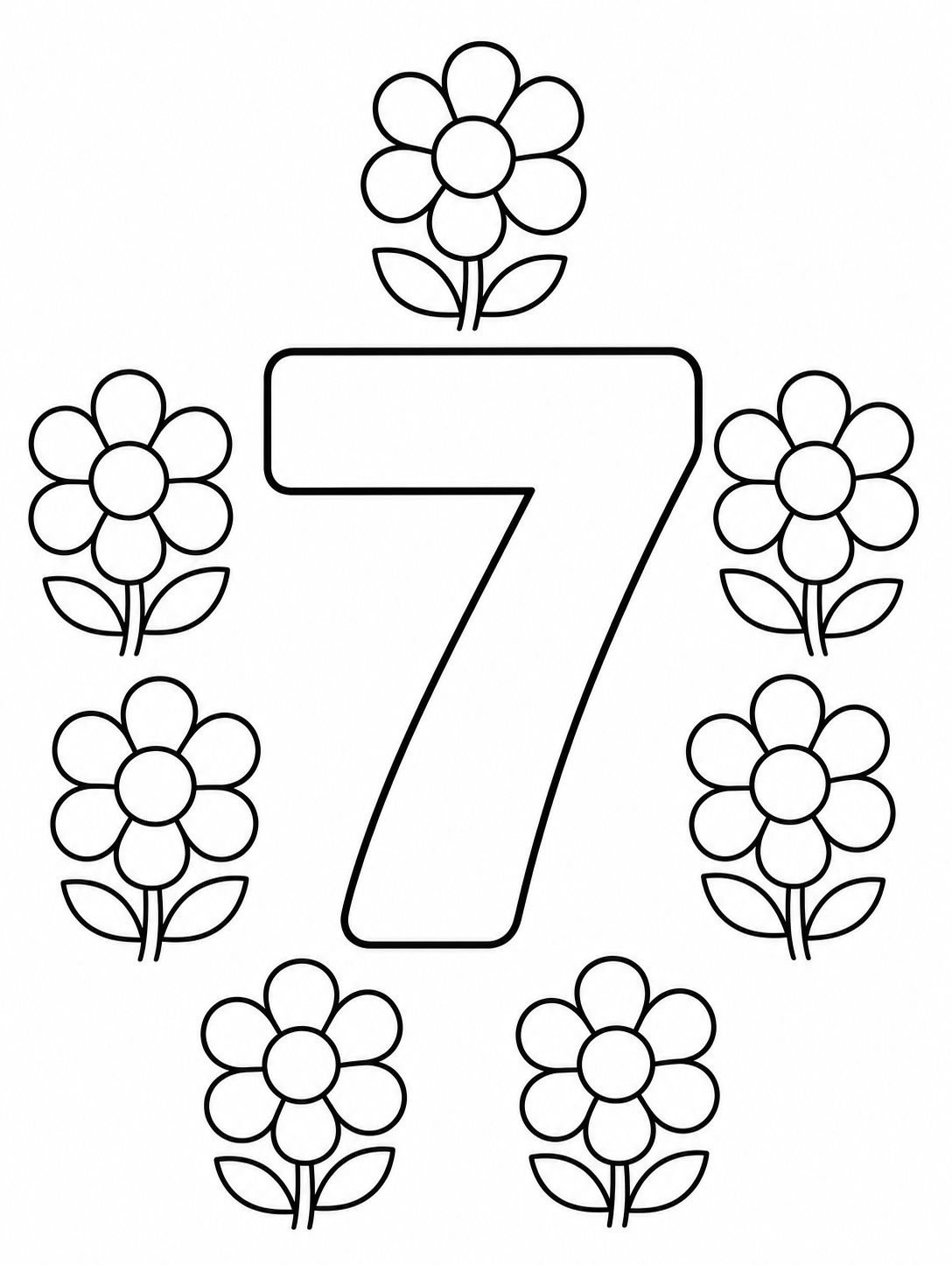 The number 7 with seven simple flowers coloring page Printable kids coloring page with the number 7 with seven simple flowers in bold black-and-white line art. | Sky Rye Design Printable kids coloring page with the number 7 with seven simple flowers in bold black-and-white line art.