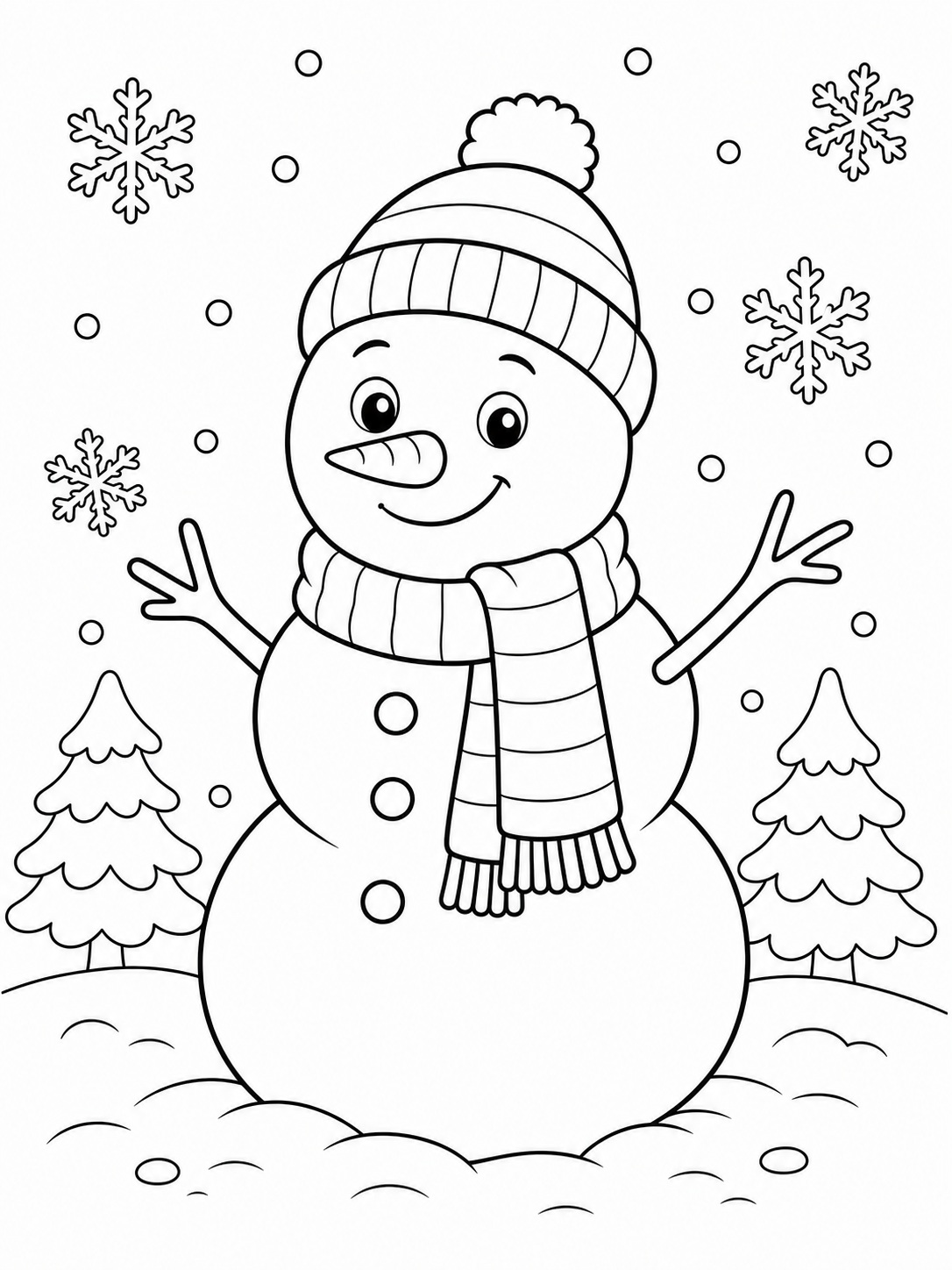 A snowman wearing a scarf and hat coloring page Printable kids coloring page with a snowman wearing a scarf and hat in bold black-and-white line art. | Sky Rye Design Printable kids coloring page with a snowman wearing a scarf and hat in bold black-and-white line art.