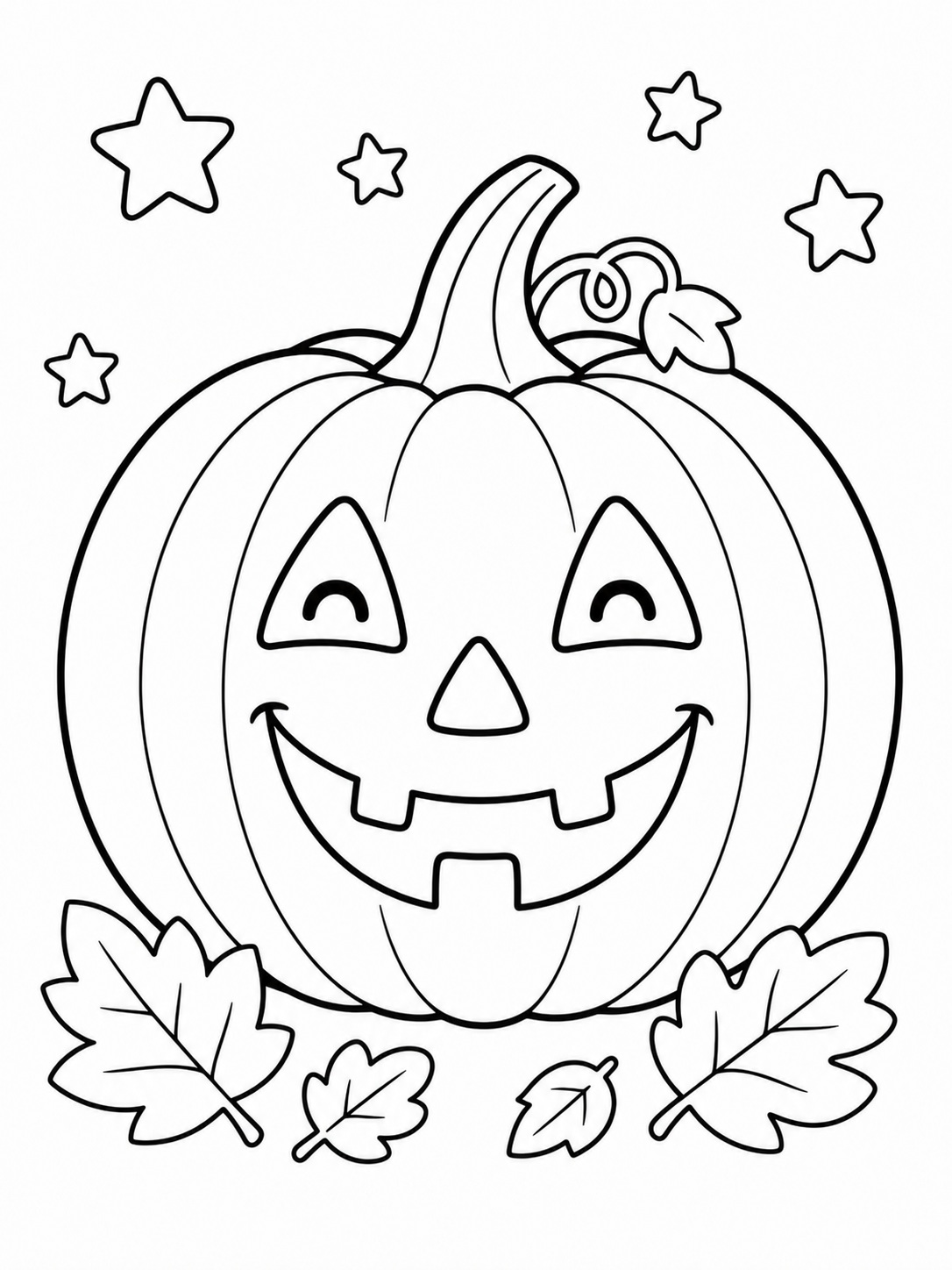 A jack-o-lantern with a friendly carved face coloring page Printable kids coloring page with a jack-o-lantern with a friendly carved face in bold black-and-white line art. | Sky Rye Design Printable kids coloring page with a jack-o-lantern with a friendly carved face in bold black-and-white line art.