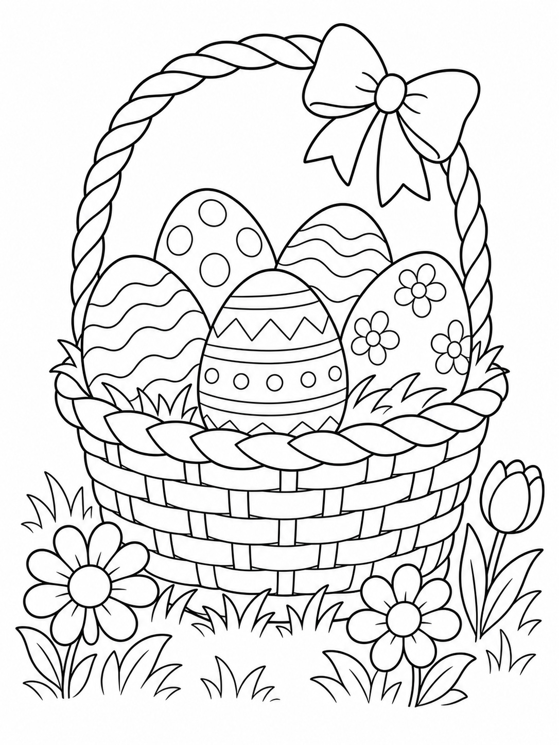 A basket of Easter eggs in the grass coloring page Printable kids coloring page with a basket of easter eggs in the grass in bold black-and-white line art. | Sky Rye Design Printable kids coloring page with a basket of easter eggs in the grass in bold black-and-white line art.
