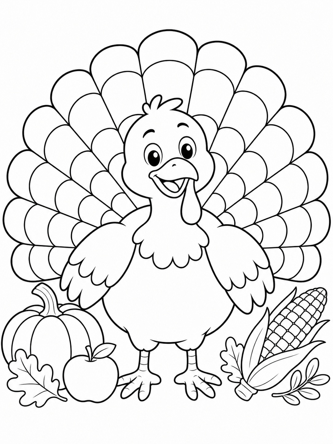 A turkey with colorful tail feathers coloring page Printable kids coloring page with a turkey with colorful tail feathers in bold black-and-white line art. | Sky Rye Design Printable kids coloring page with a turkey with colorful tail feathers in bold black-and-white line art.
