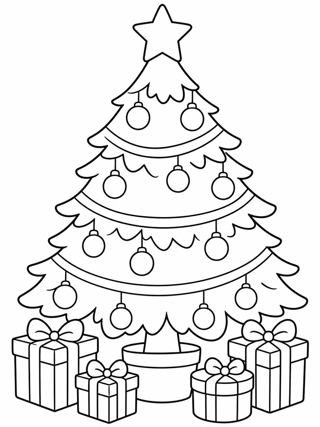 A Christmas tree decorated with ornaments coloring page Printable kids coloring page with a christmas tree decorated with ornaments in bold black-and-white line art. | Sky Rye Design Printable kids coloring page with a christmas tree decorated with ornaments in bold black-and-white line art.