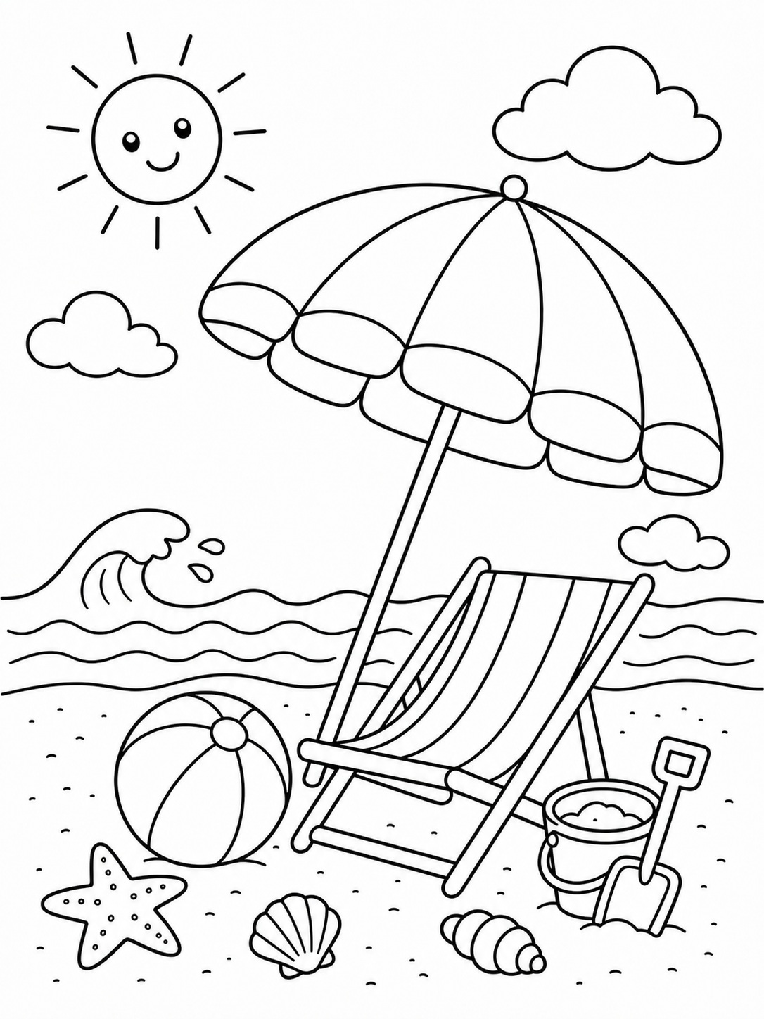 A beach scene for summer vacation coloring page Printable kids coloring page with a beach scene for summer vacation in bold black-and-white line art. | Sky Rye Design Printable kids coloring page with a beach scene for summer vacation in bold black-and-white line art.
