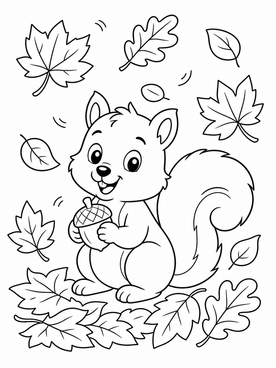 Falling autumn leaves with a small squirrel coloring page Printable kids coloring page with falling autumn leaves with a small squirrel in bold black-and-white line art. | Sky Rye Design Printable kids coloring page with falling autumn leaves with a small squirrel in bold black-and-white line art.