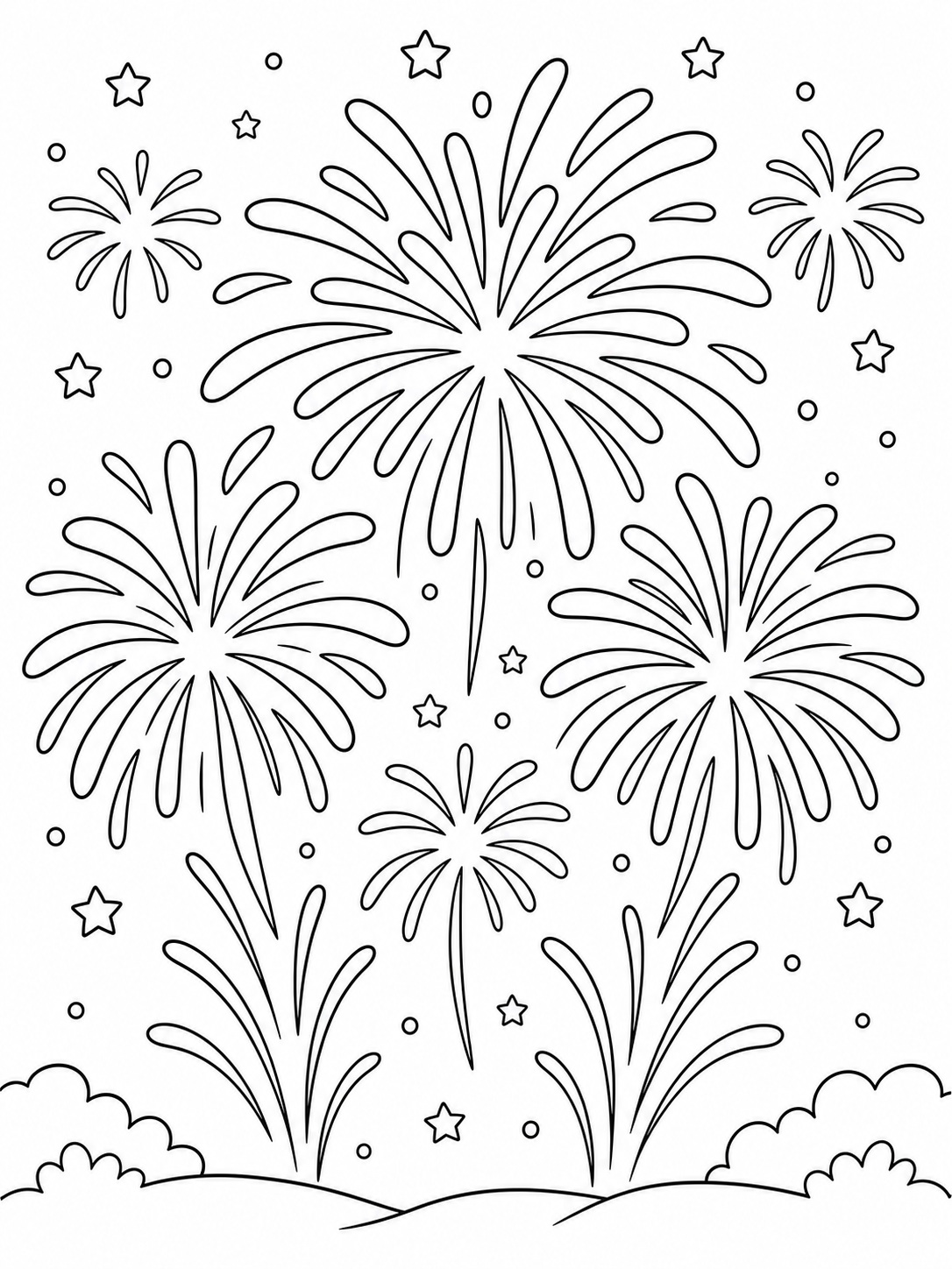 Fireworks bursting over a night sky coloring page Printable kids coloring page with fireworks bursting over a night sky in bold black-and-white line art. | Sky Rye Design Printable kids coloring page with fireworks bursting over a night sky in bold black-and-white line art.
