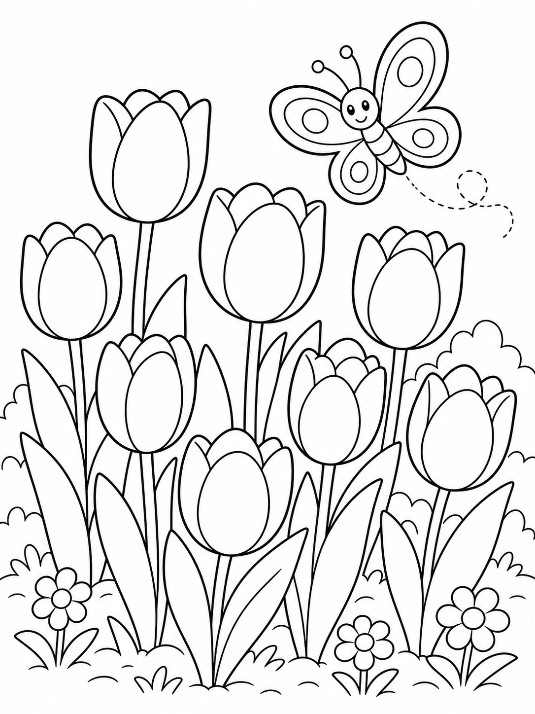 A garden full of spring tulips coloring page Printable kids coloring page with a garden full of spring tulips in bold black-and-white line art. | Sky Rye Design Printable kids coloring page with a garden full of spring tulips in bold black-and-white line art.