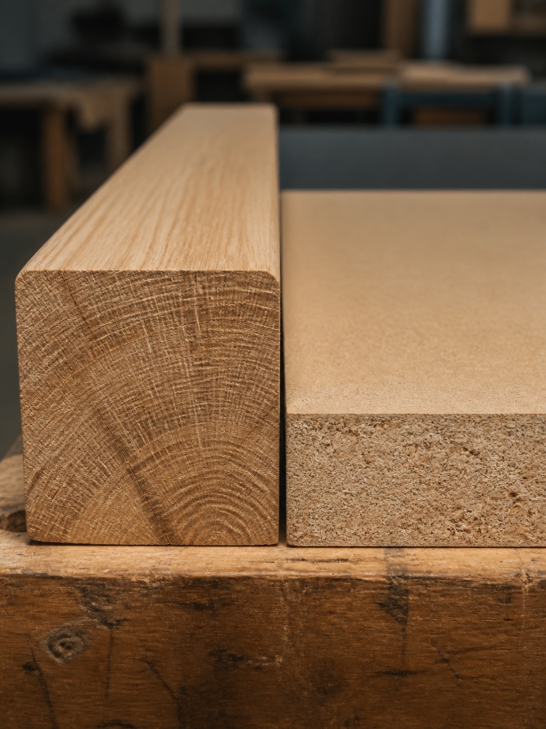 Workshop comparison of solid hardwood and MDF frame materials