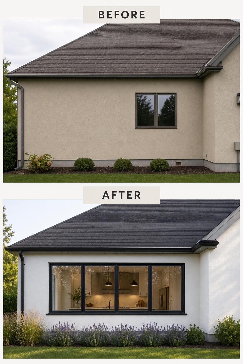 Before and after side elevation where a small kitchen window is replaced by a wide black steel-profile casement window with render and planting updates.