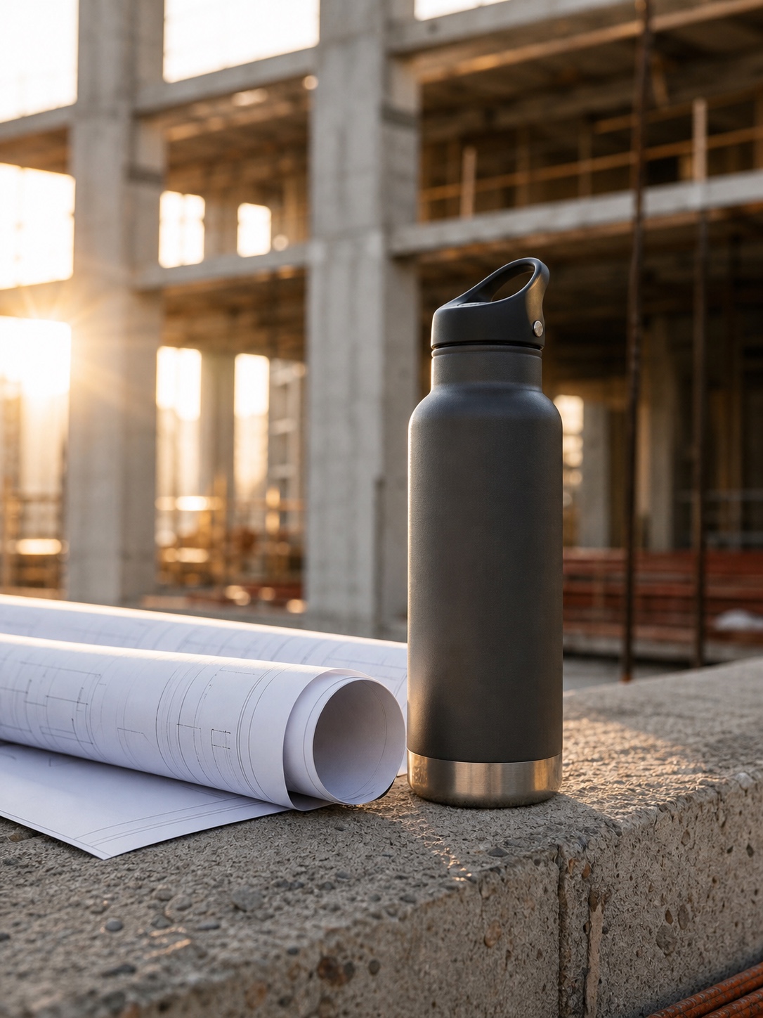 An insulated water bottle on concrete beside rolled drawings at a construction site.