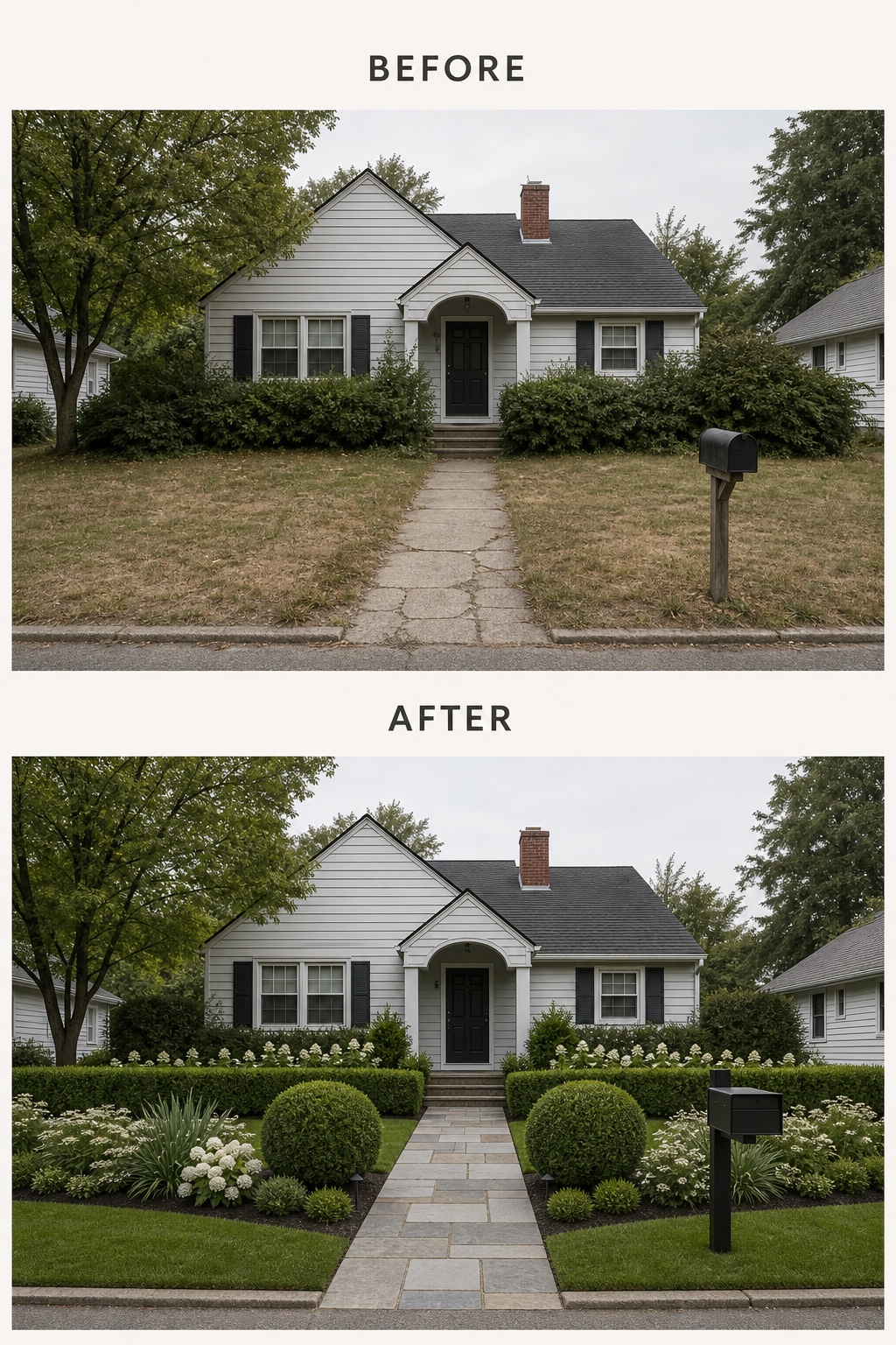 Before and after house frontage with patchy lawn and shapeless shrubs redesigned into structured hedges, clipped shrubs, layered beds, and a stone path.