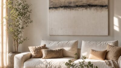 Large canvas wall art hanging above a cream linen sofa in a warm living room.