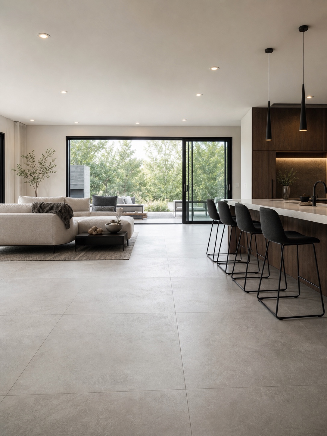 Open-plan modern kitchen and living area with large light grey porcelain floor tiles and minimal grout lines.
