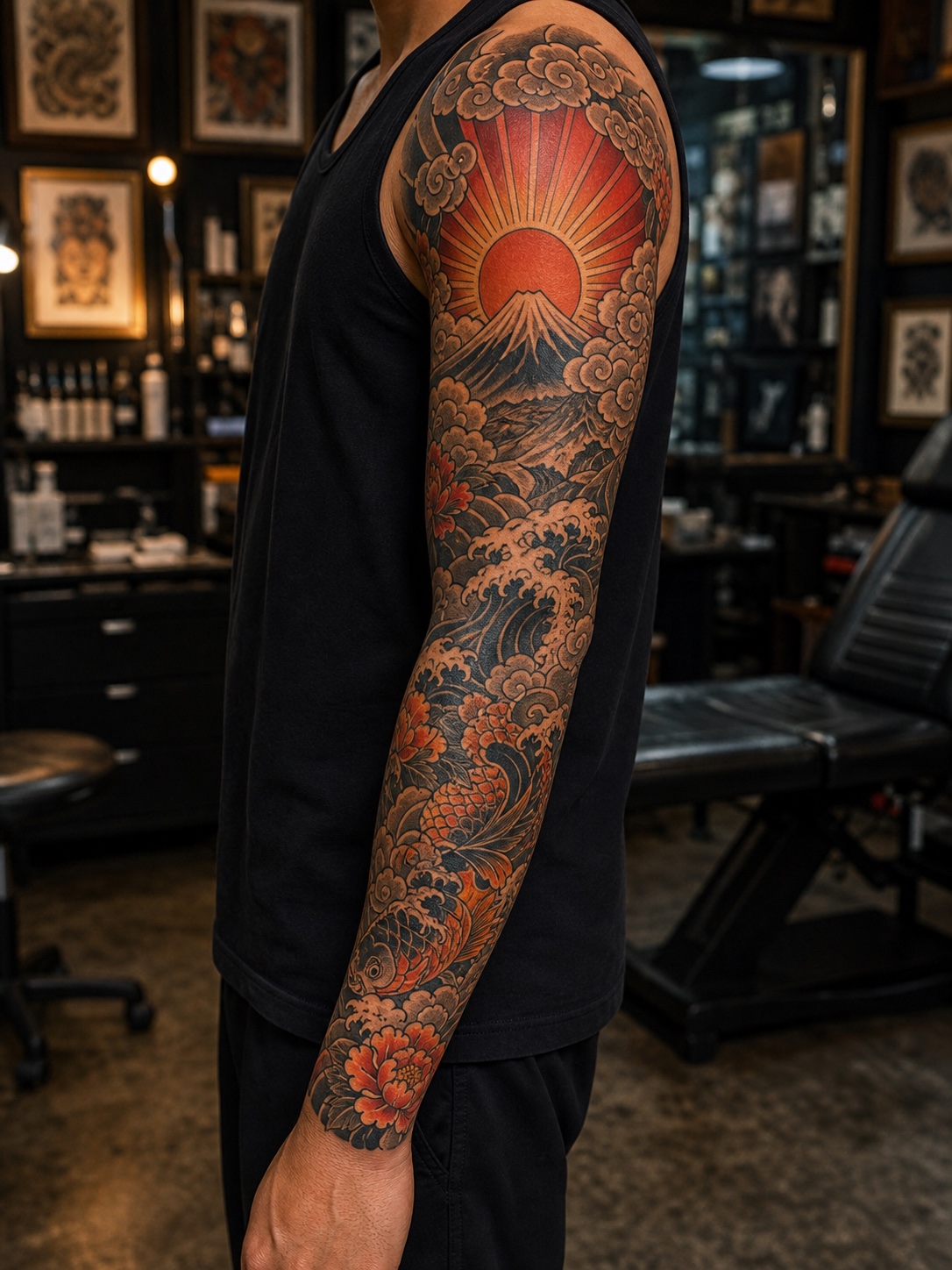 Large Japanese traditional sunrise sleeve tattoo with clouds, waves, and warm color.