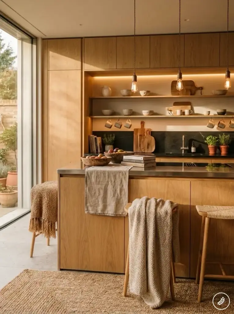 Modern warm wooden kitchen with island, open shelves, pendant bulbs, potted herbs, woven stools, and natural light