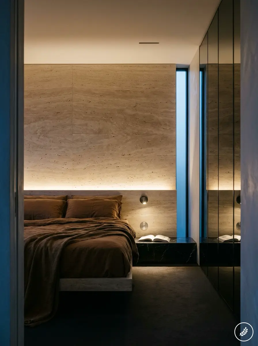 Luxury modern minimalist bedroom with brown bedding, stone accent wall, warm LED strip lighting and mirrored wardrobe.