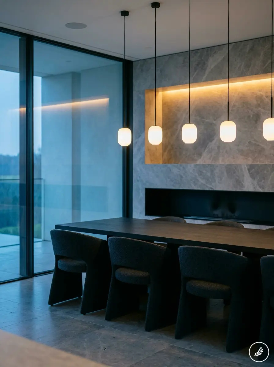 Modern dining room with black chairs, long dark table, marble accent wall, pendant globe lights and floor-to-ceiling windows