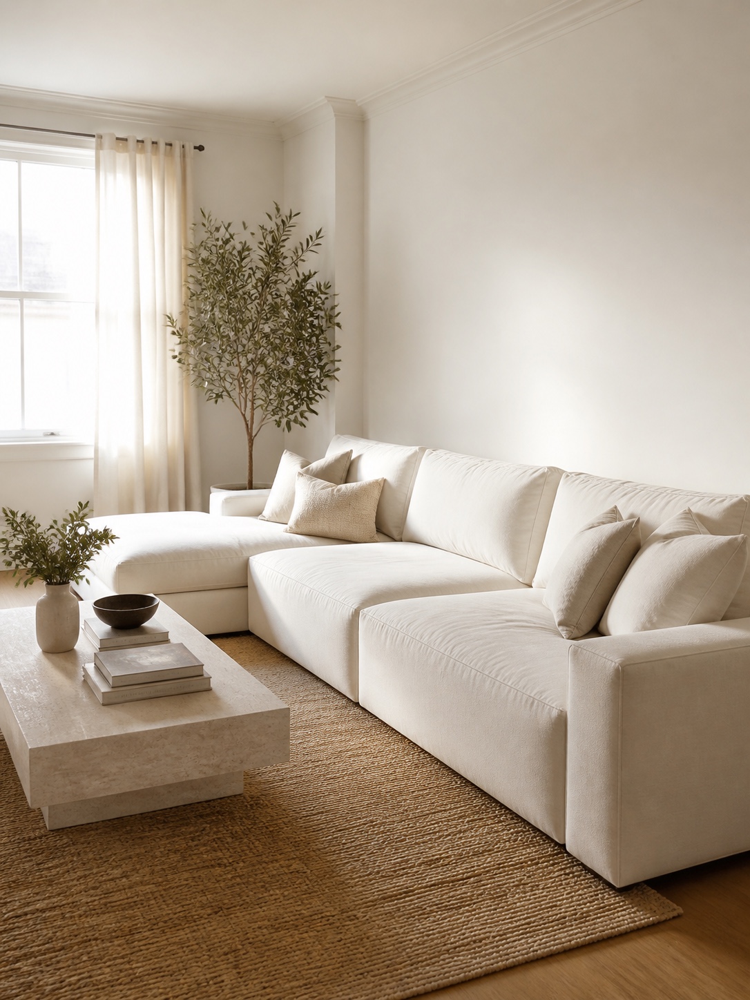 Light neutral sofa small room visual weight Light neutral modular sofa blending into pale walls in a small living room. | Sky Rye Design Light neutral modular sofa blending into pale walls in a small living room.