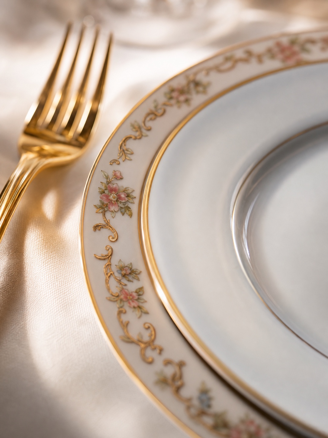 Limoges-style porcelain dinner plate with a delicate gold and floral rim on pressed white linen.