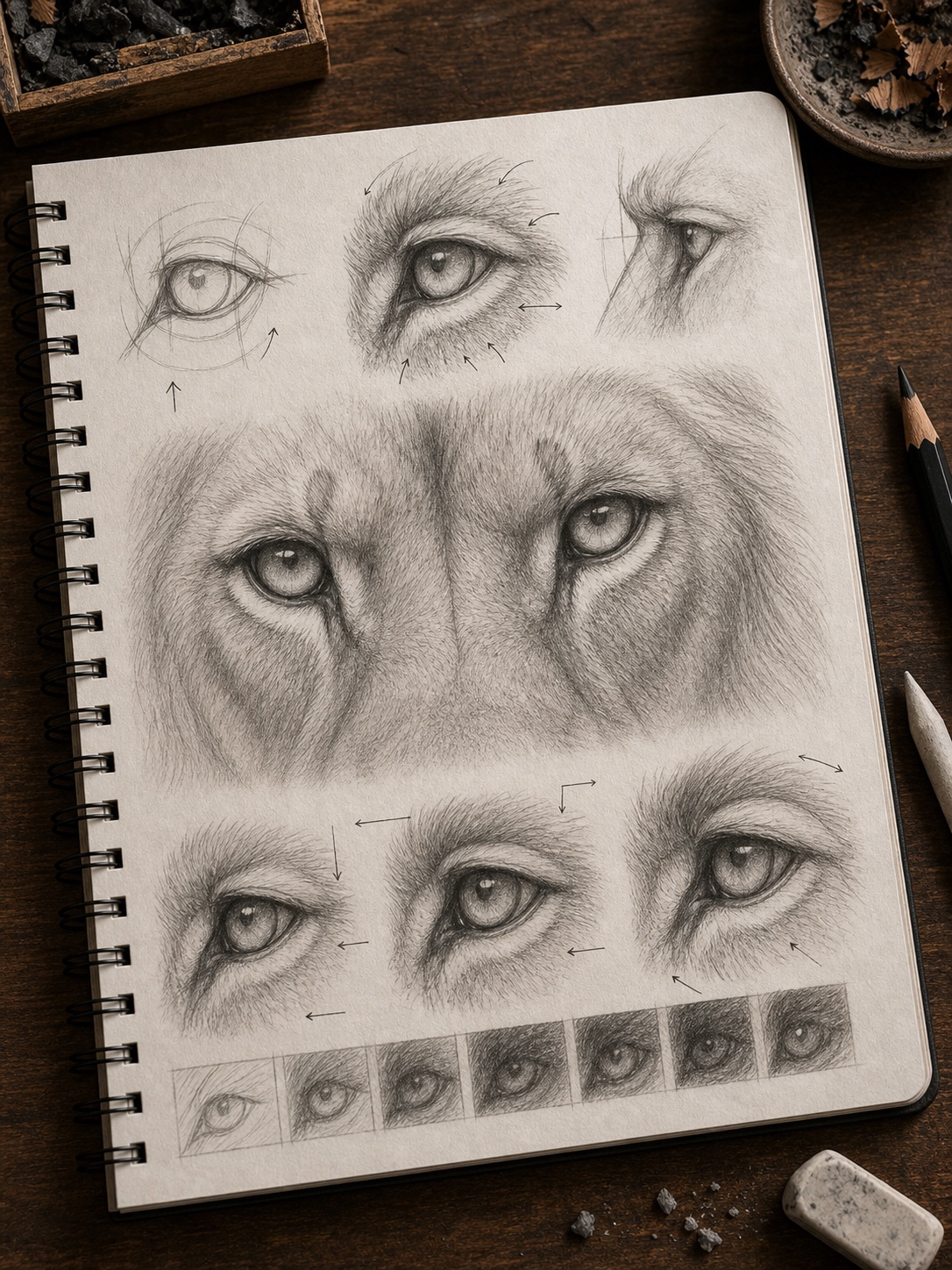 Sketchbook studies of lion eyes showing eyelid shape, brow shadow, catchlights, and surrounding fur texture.