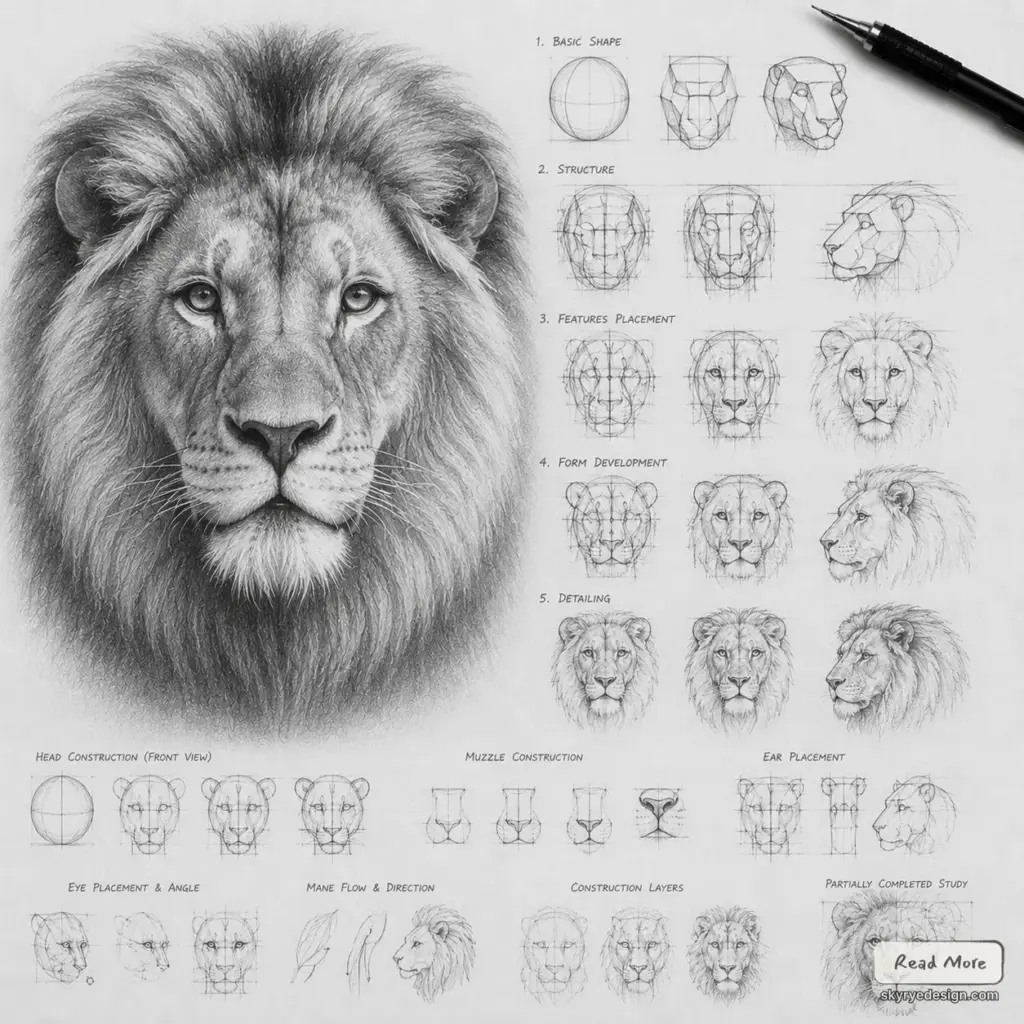 Pencil lion head sketch and step-by-step drawing tutorial showing construction lines, features placement, and mane detailing.