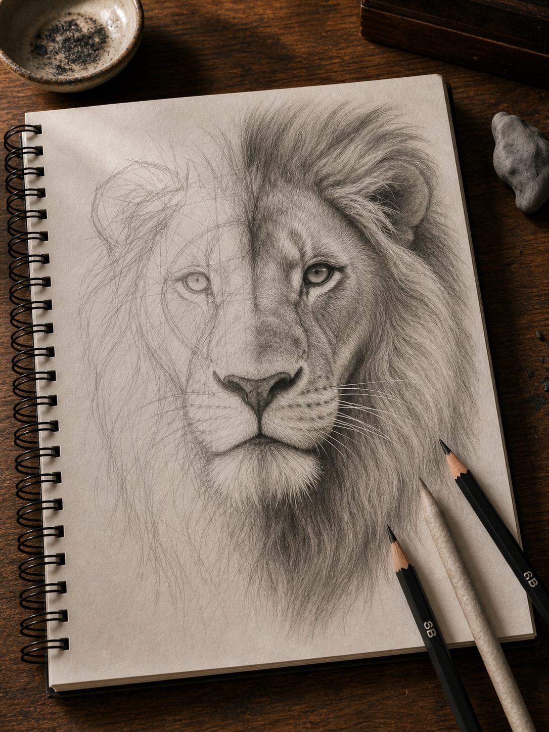 Half-finished lion face pencil drawing showing construction on one side and finished shading, mane texture, and whiskers on the other.