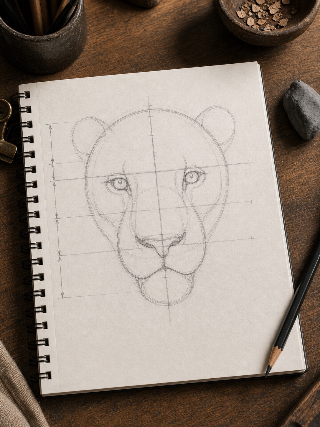 Sketchbook lion face construction drawing with center line, eye line, head circle, cheek shapes, and proportion marks.