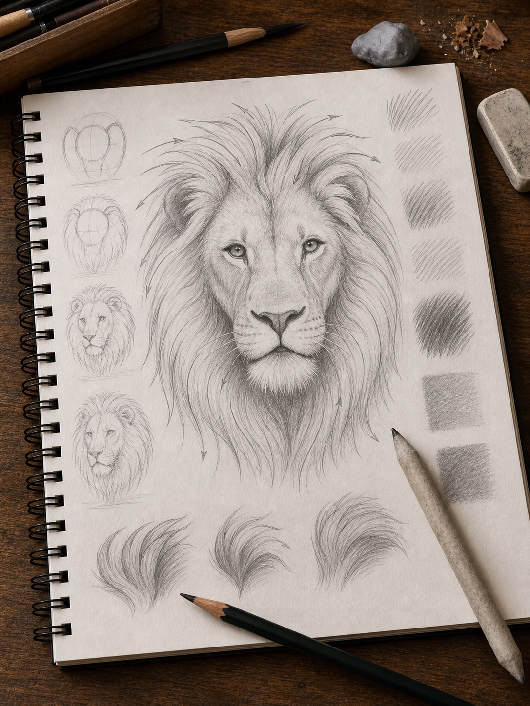 Lion portrait sketch showing mane direction, fur clumps, pencil texture tests, and directional construction marks.
