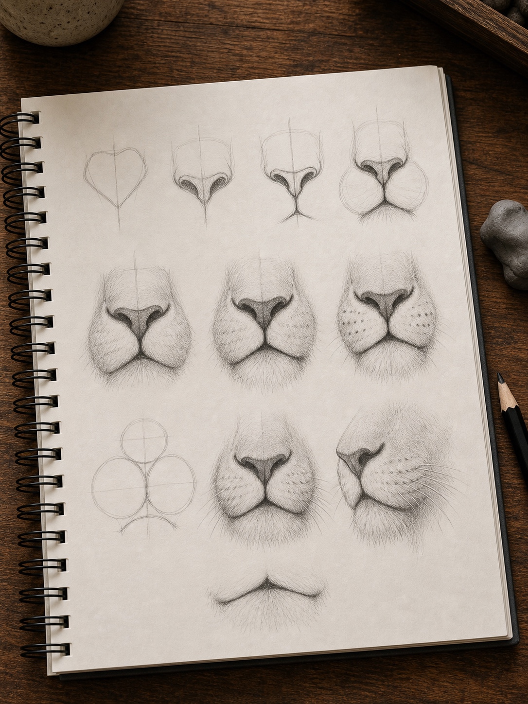 Step-by-step pencil studies of a lion nose, muzzle pads, mouth curve, whisker dots, and construction guidelines.
