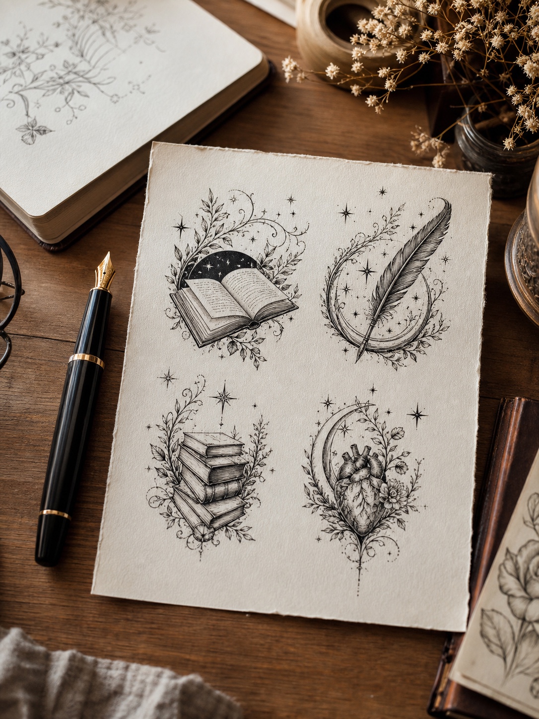 Literary tattoo flash sheet with open book, quill, stacked books, botanical frames, and stars.