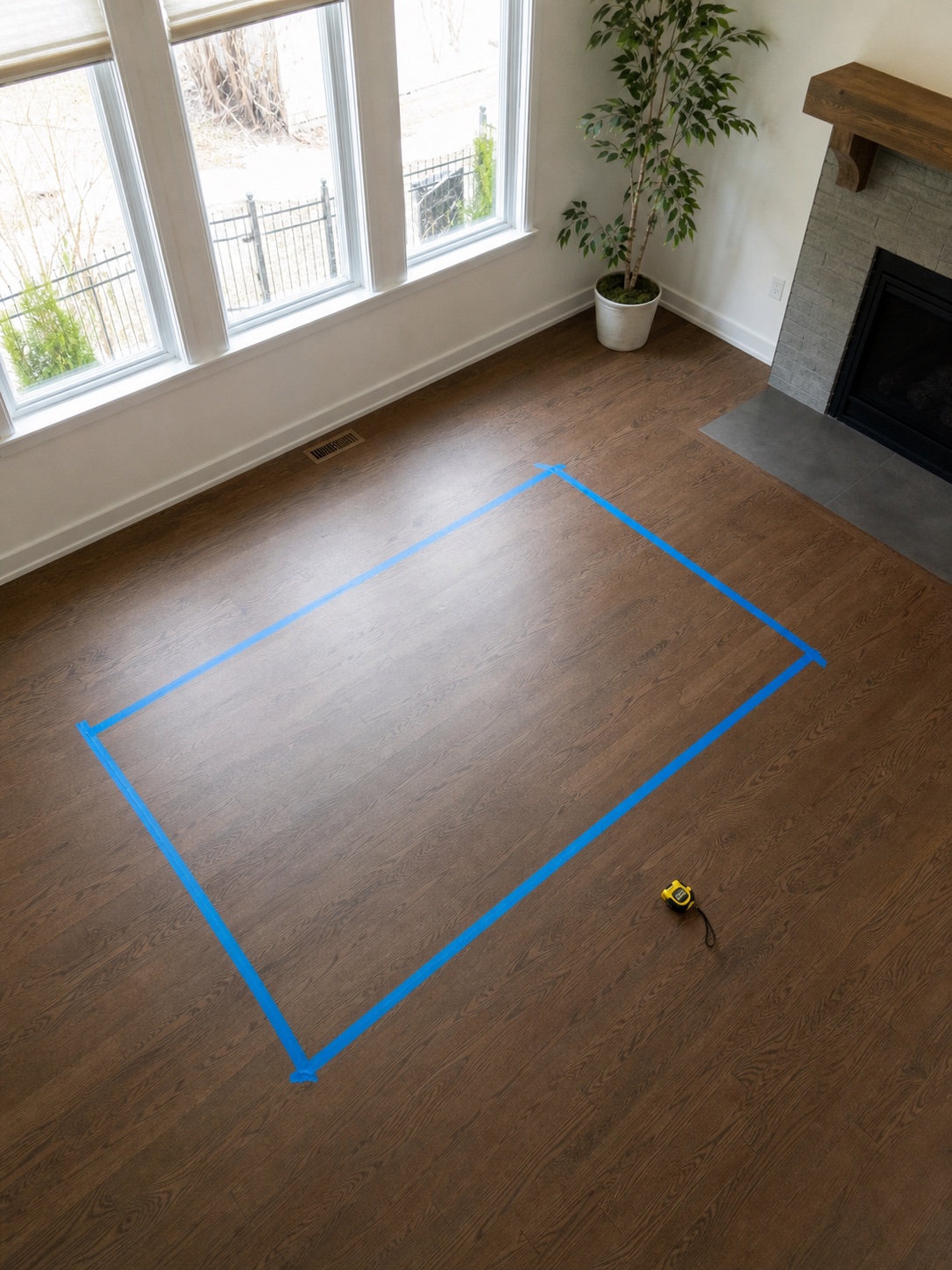 Living Room Sofa Floor Plan Measurement Painter's tape marks a sofa footprint on an empty living room floor with a tape measure beside it. | Sky Rye Design Painter's tape marks a sofa footprint on an empty living room floor with a tape measure beside it.