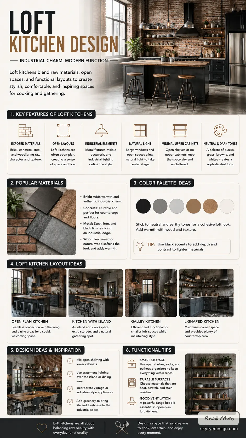Loft kitchen design infographic: industrial brick kitchen with island, stools, open layout, color palette, tips