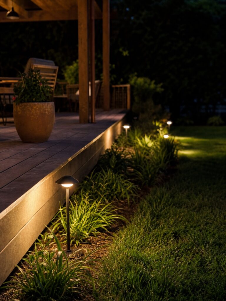 Low landscape lights around a deck perimeter Low warm landscape path lights marking the open edge of a deck at night. | Sky Rye Design Low warm landscape path lights marking the open edge of a deck at night.