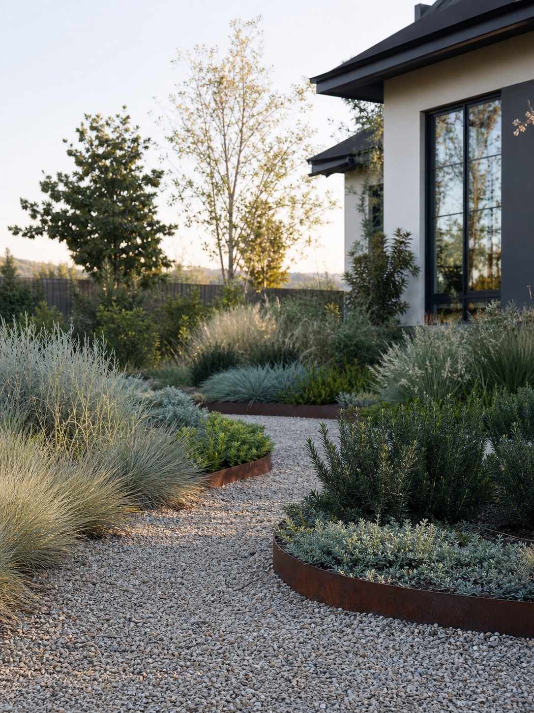 Front garden with gravel path, native ornamental grasses, groundcover plants, drought-tolerant shrubs, and clean metal edging.
