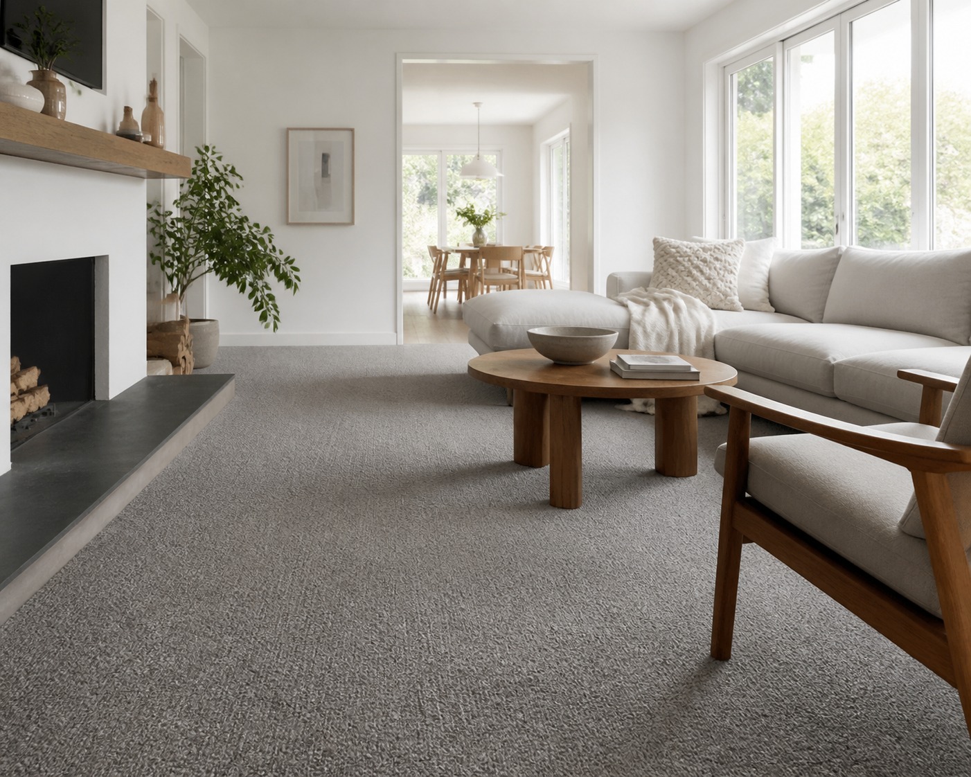 Minimalist living room with a low-pile grey nylon carpet and clean Scandinavian furniture.