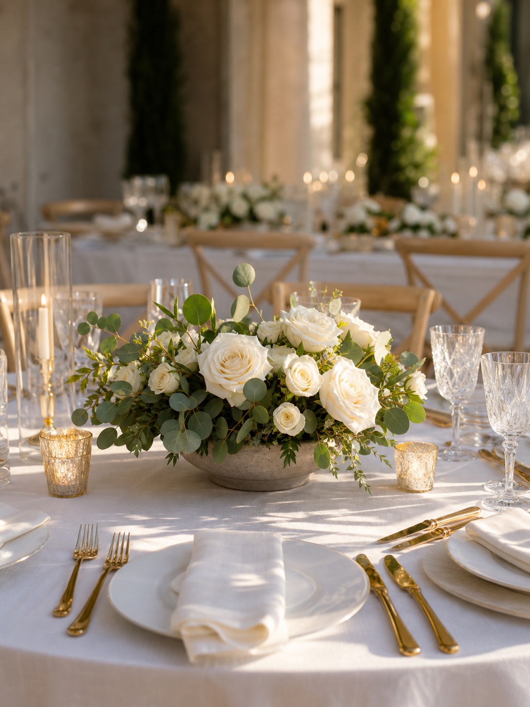 Low white garden rose centerpiece in a shallow bowl with gold flatware and crystal glassware nearby.