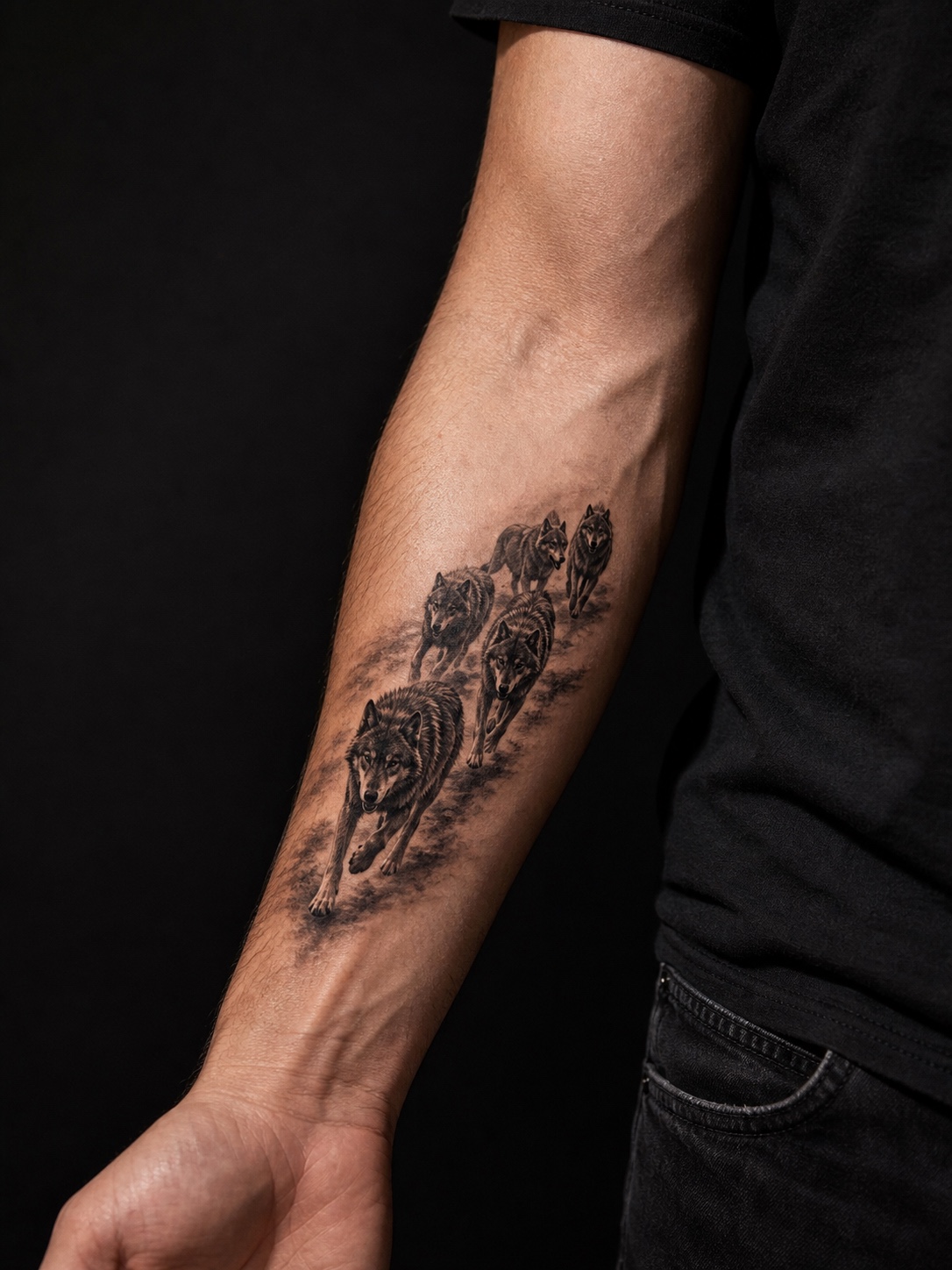 Wolf pack tattoo with multiple wolves running together on a forearm.