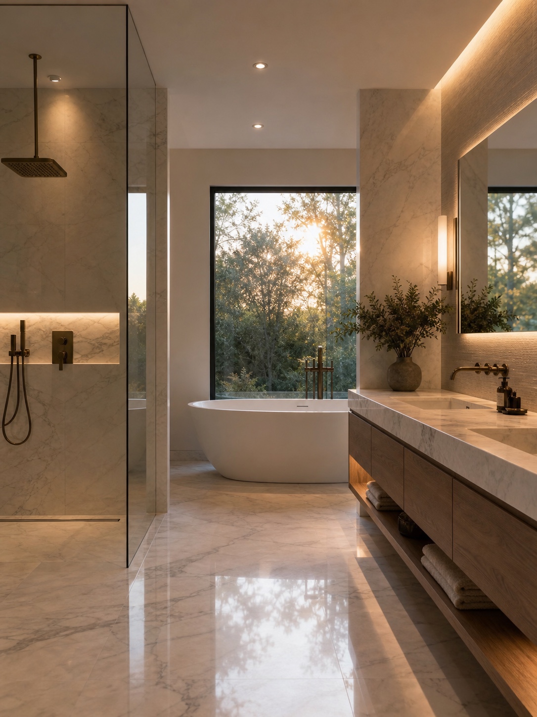 Luxury bathroom remodel with marble tile, freestanding tub, rainfall shower, and warm vanity lighting.