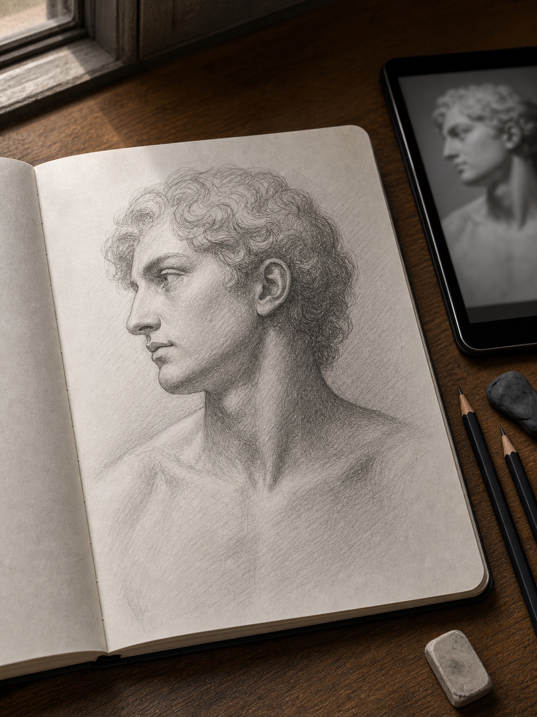 Sketchbook page with a graphite copy study of a classical drawing beside a tablet reference.