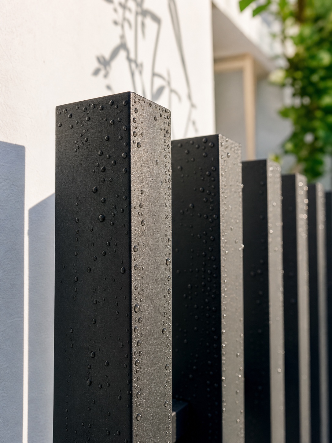 Matte black powder-coated aluminum fence pickets against a white stucco wall