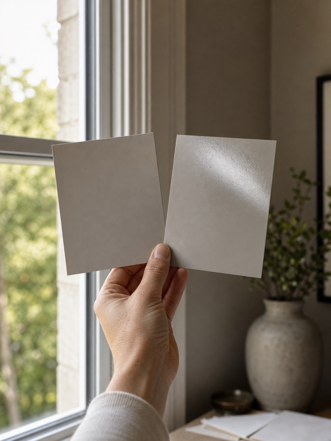 A designer holding matte and satin paint finish samples by a window to compare natural light reflection