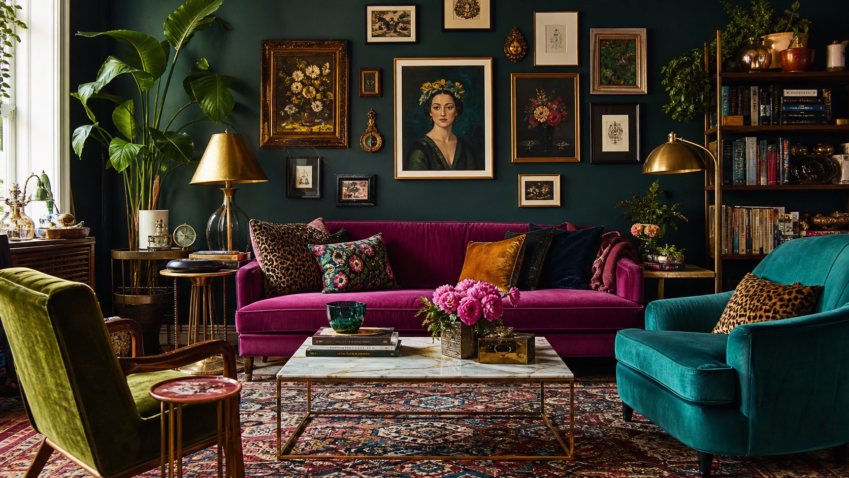 Maximalist interior style personality Maximalist interior style living room with jewel colors, gallery wall, layered patterns, books, and collected objects for an expressive confident personality. | Sky Rye Design Maximalist interior style living room with jewel colors, gallery wall, layered patterns, books, and collected objects for an expressive confident personality.